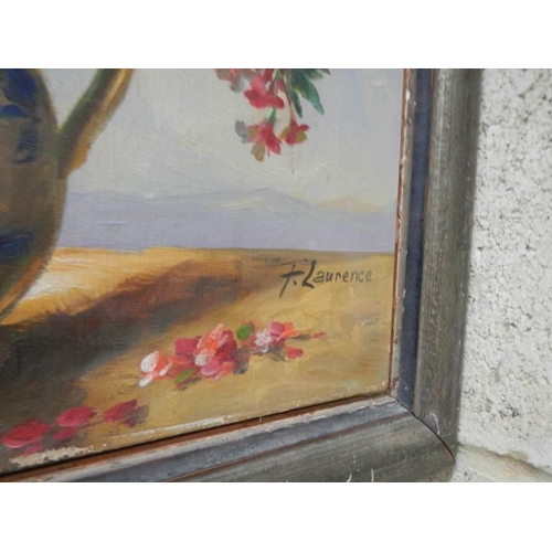 1477 - An oil on board painting of vase of flowers signed F Laurence, COLLECT ONLY.