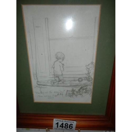 1486 - A framed and glazed print Winnie the Pooh 'Waiting at the Window' signed.