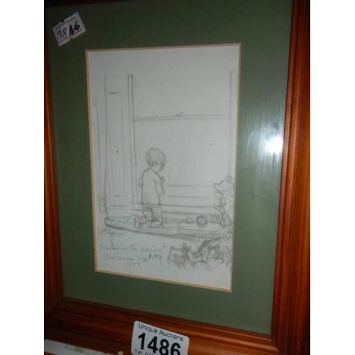 1486 - A framed and glazed print Winnie the Pooh 'Waiting at the Window' signed.