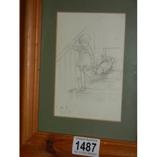 1487 - A framed and glazed print Winnie the Pooh 'Bump Bump Bump' signed.