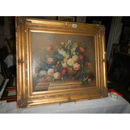 1488 - A gilt framed oil on canvas floral arrangement, COLLECT ONLY.