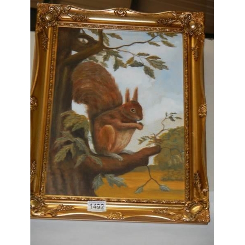 1492 - A gilt framed oil on board painting of a squirrell, COLLECT ONLY.