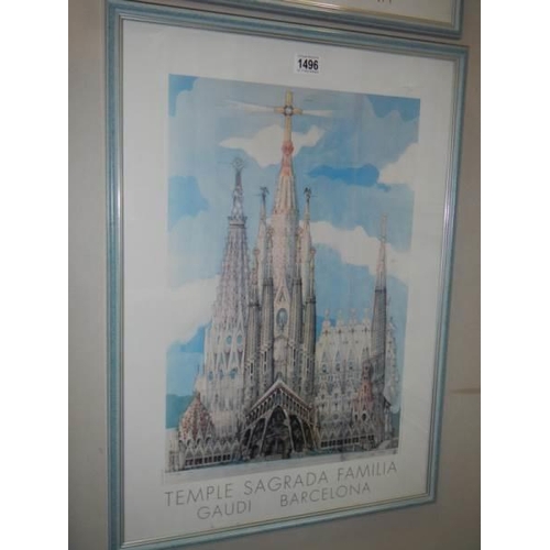 1496 - Two framed and glazed Temple Sagrada Familia, Gaudi Barcelona posters, COLLECT ONLY.