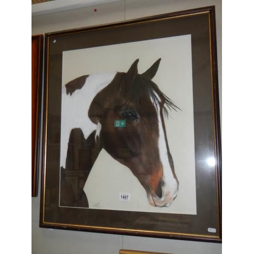 1497 - A large signed painting of a horses head, COLLECT ONLY.