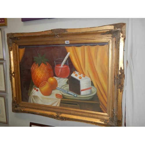 1500 - A gilt framed oil on canvas still life study, (frame a/f), COLLECT ONLY.