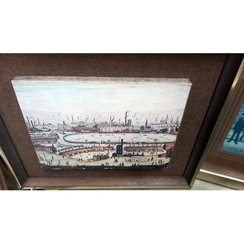 1406 - An unframed L S Lowry print and eight similar pictures.