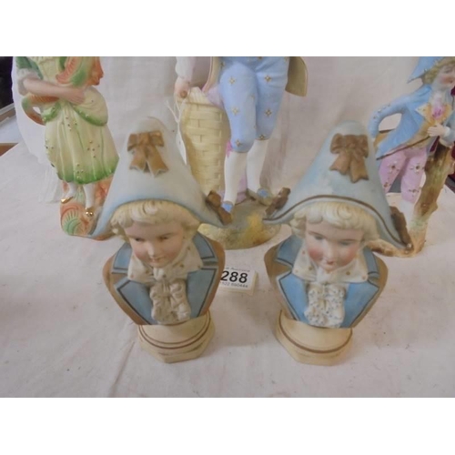 1288 - Three 19th century bisque porcelain and a pair of porcelain busts.