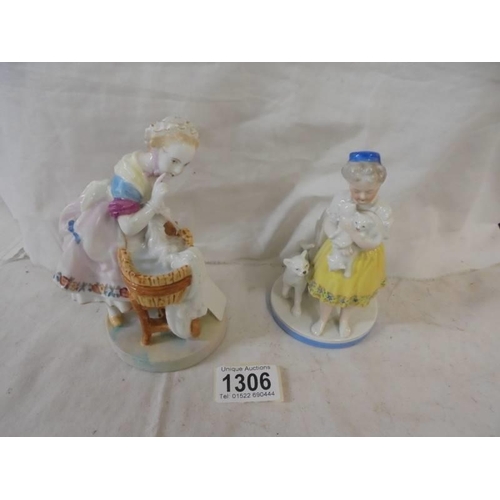 1306 - Two continental porcelain figures with crossed swords marks.