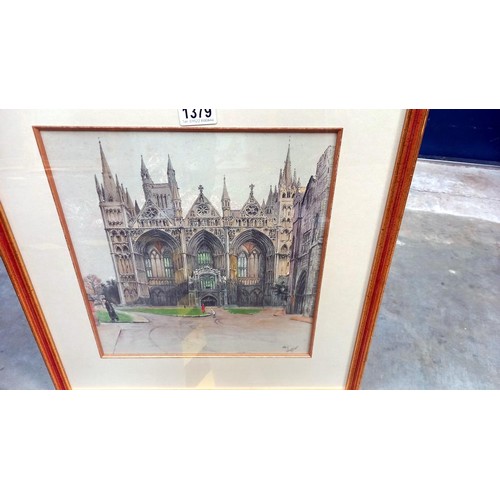 1379 - A framed and glazed print of a Cathedral, signed. COLLECT ONLY.