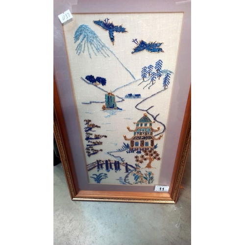 11 - A Chinese silk embroidery in gilt frame