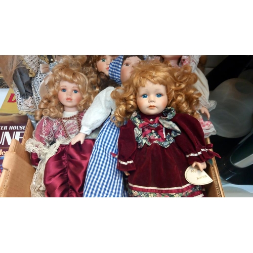 16 - A box of 9 collectors Dolls (some with stands), COLLECT ONLY