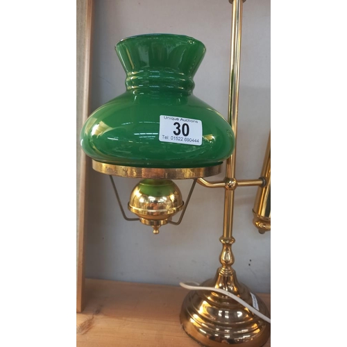 30 - A brass student lamp with green glass shade