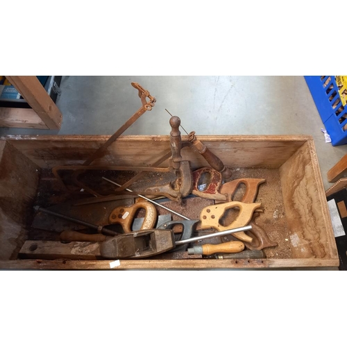 78 - A box of carpenters saws, fret saws and bellows COLLECT ONLY