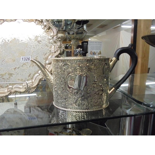 1326 - An ornate silver plate tray, teapot and hot water jug.