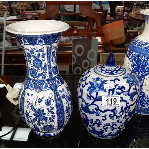 119 - 5 late 20c blue and white vases etc COLLECT ONLY