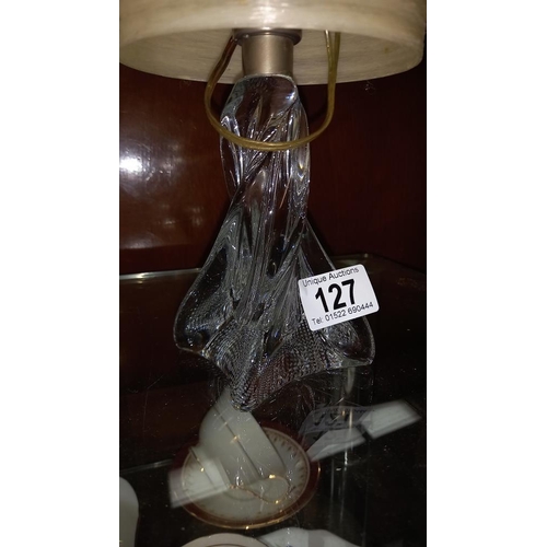 127 - A vintage glass table lamp with fibreglass shade