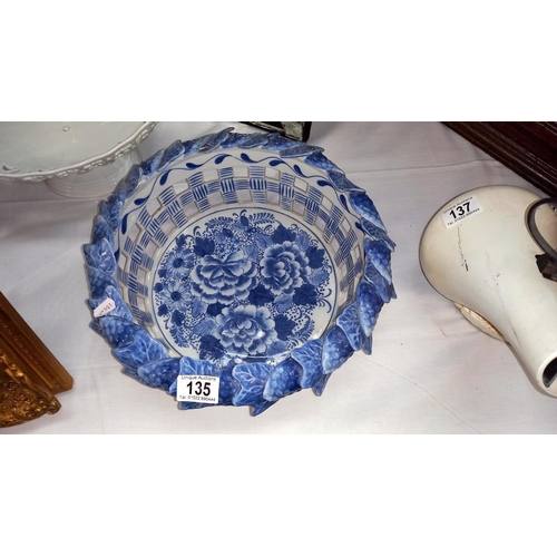 135 - A large blue and white fruit bowl with pierced sides COLLECT ONLY