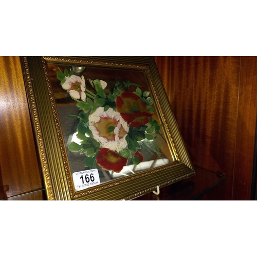 166 - Vintage still life flowers painted on mirror in gilt frame