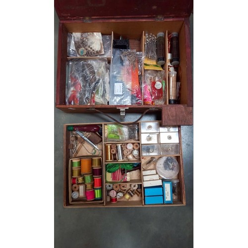 184 - A good wooden fly fishing box with fly making contents COLLECT ONLY