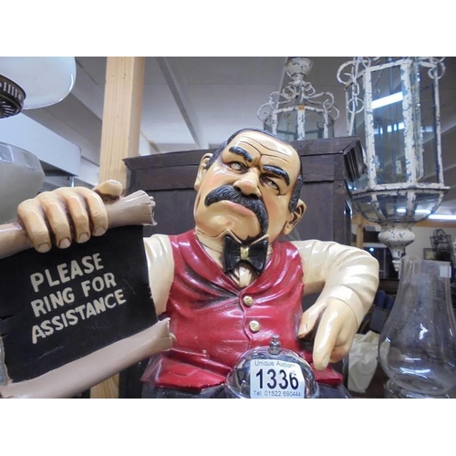 1336 - A novelty figure by Peter Mook of an angry man 'Please Ring for Assistance' shop bell. 40cm tall.