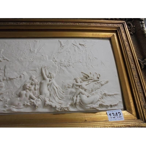 1342 - A gilt framed classical scene wall plaque. COLLECT ONLY.