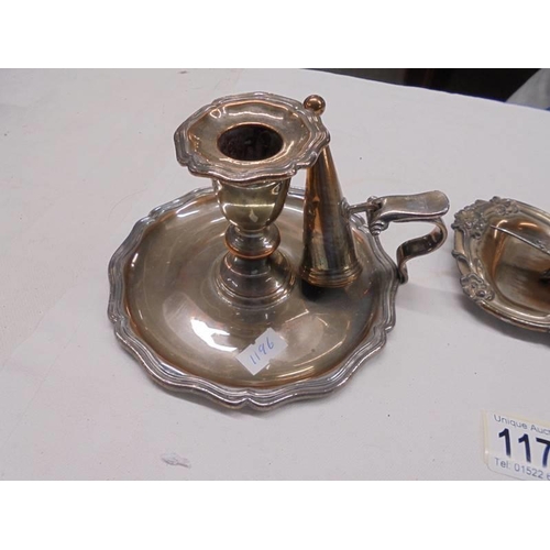 1174 - A silver plate chamber candlestick and candle snuffers with tray.