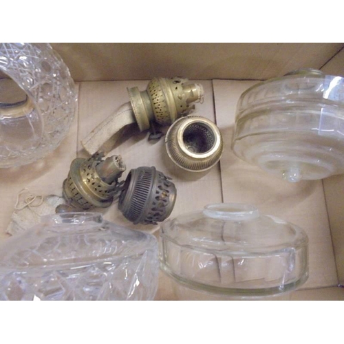 1228 - Four Victorian glass oil lamp fonts and burners. COLLECT ONLY.