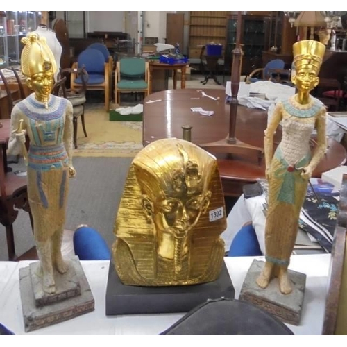 1392 - A bust of King Tut-ankh-amun and two Egyptian figures. COLLECT ONLY.