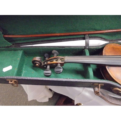 1393 - An old violin and bow in case.