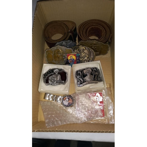 222 - 5 Hank WIlliams Belt buckles + 2  Hank Williams belts with buckles and a Hank WIlliams Watch