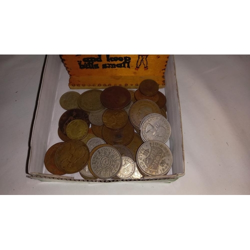 230A - A vintage wooden Weymouth money box and quantity of coins including 1921 half crown etc.