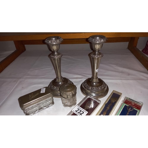 232 - Silver plated candlesticks, trinket pots, & spoons