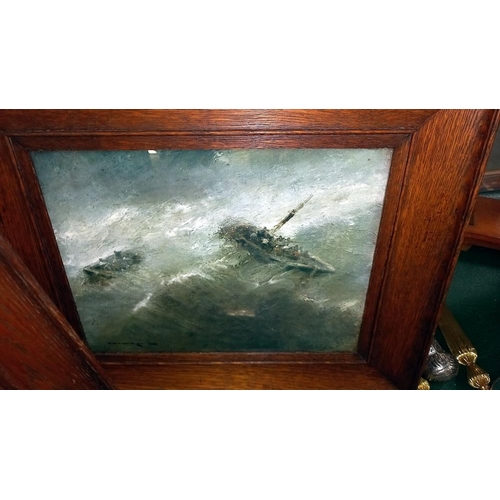 291 - 3 vintage oak framed prints of boats in rough seas COLLECT ONLY