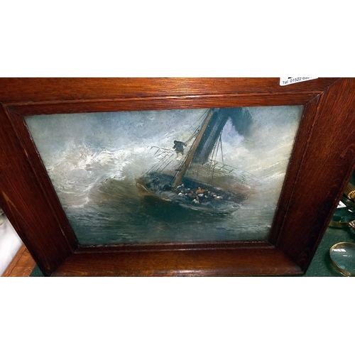 291 - 3 vintage oak framed prints of boats in rough seas COLLECT ONLY