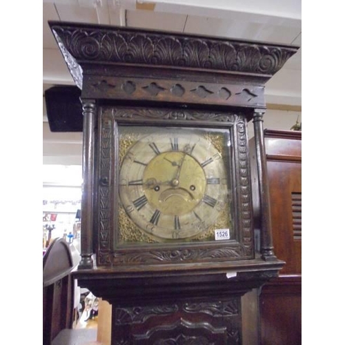 1526 - A good carved oak Grandfather clock with brass dial, COLLECT ONLY.