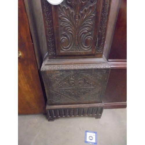 1526 - A good carved oak Grandfather clock with brass dial, COLLECT ONLY.