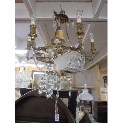 1570 - A pair of glass chandeliers in need of restoration. COLLECT ONLY.