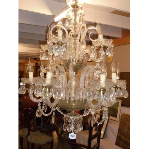 1607 - A good glass 12 light two tier chandelier, COLLECT ONLY.