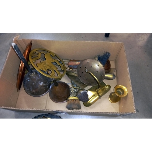 358 - A box of brass and copper including funnels, chestnut roaster, bellows etc