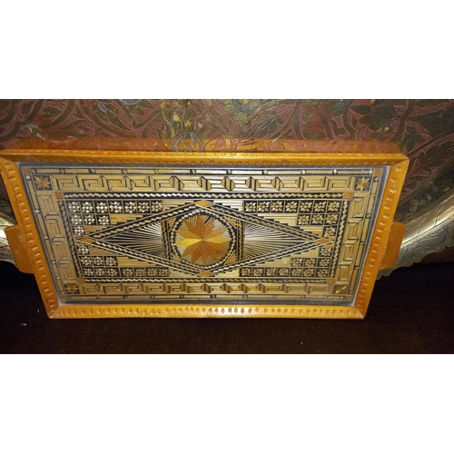 369 - A large Eastern brass tray with coloured infilled engraved top and an inlaid tray, possibly made wit... 