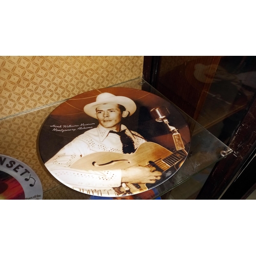 398 - 2 x Buddy Holly Plates + 1 mirror  plus  4 Advertising record style Hank Williams plates