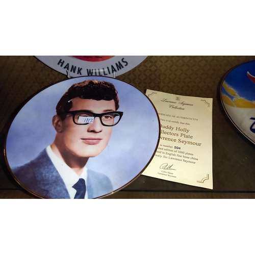 398 - 2 x Buddy Holly Plates + 1 mirror  plus  4 Advertising record style Hank Williams plates