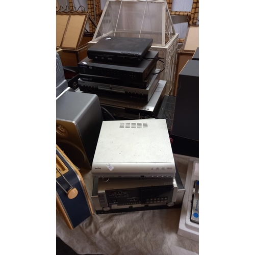 444 - Job lot of electronic items including 2x Goodmans speakers + Sanyo micro system, A Tevion 5949 DAB r... 