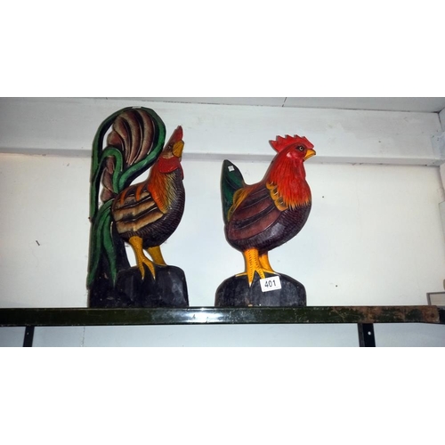 401 - 2 large painted wooden figures of a chicken and a cockerel height 38cm and 50cm