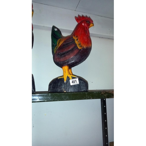 401 - 2 large painted wooden figures of a chicken and a cockerel height 38cm and 50cm