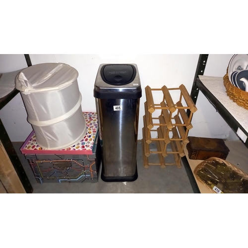 405 - A stainless steel kitchen bin, pine wine rack, London underground collapsible storage box etc