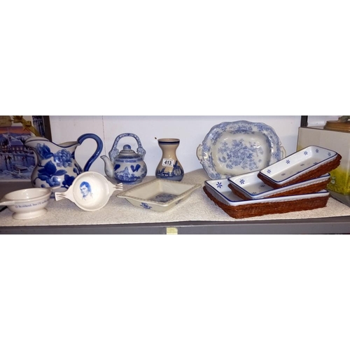 413 - A quantity of blue and white pottery etc