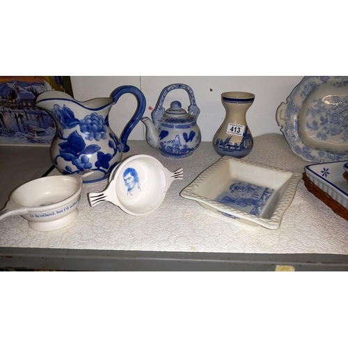 413 - A quantity of blue and white pottery etc