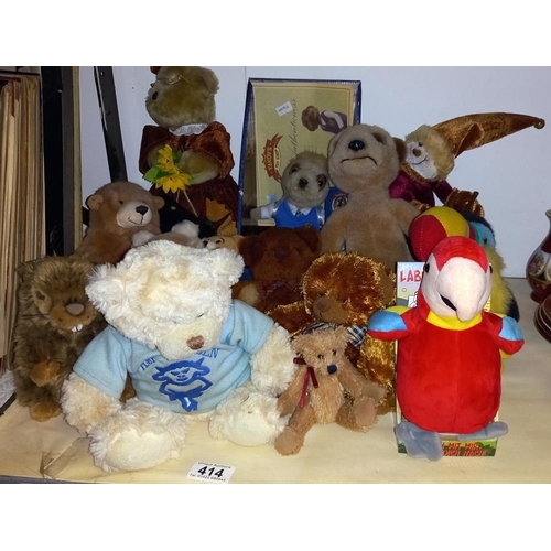 414 - A quantity of soft toys including meerkats etc