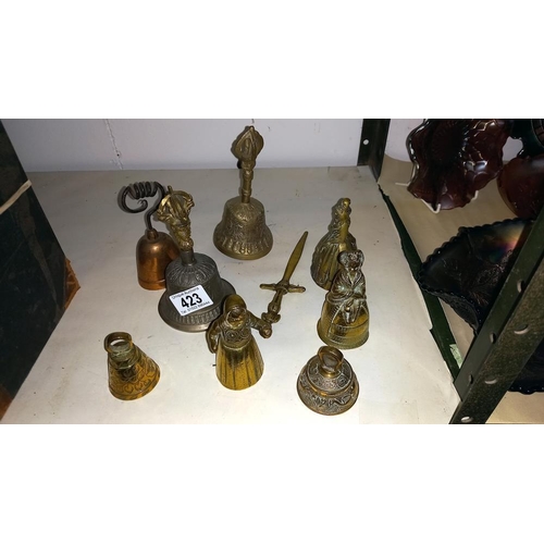 423 - 3 brass lady bells, 4 other bells and a letter opener